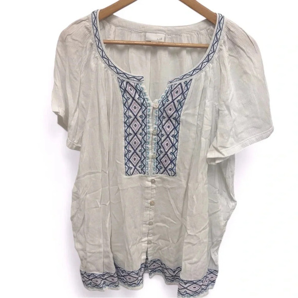 J. Jill Top Peasant Embroidered Short Sleeve 100% Cotton Petite L - Picture 1 of 9